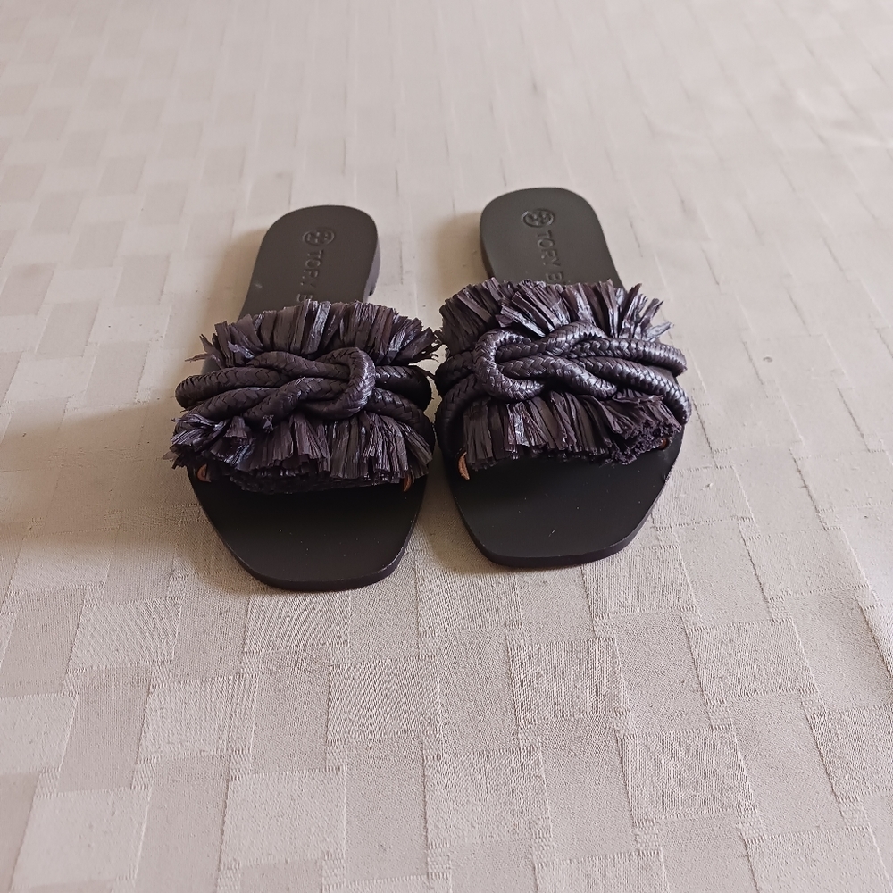 Tory Burch Raffia Fringe Rope Flat Slide Sandals - Picture 4 of 13